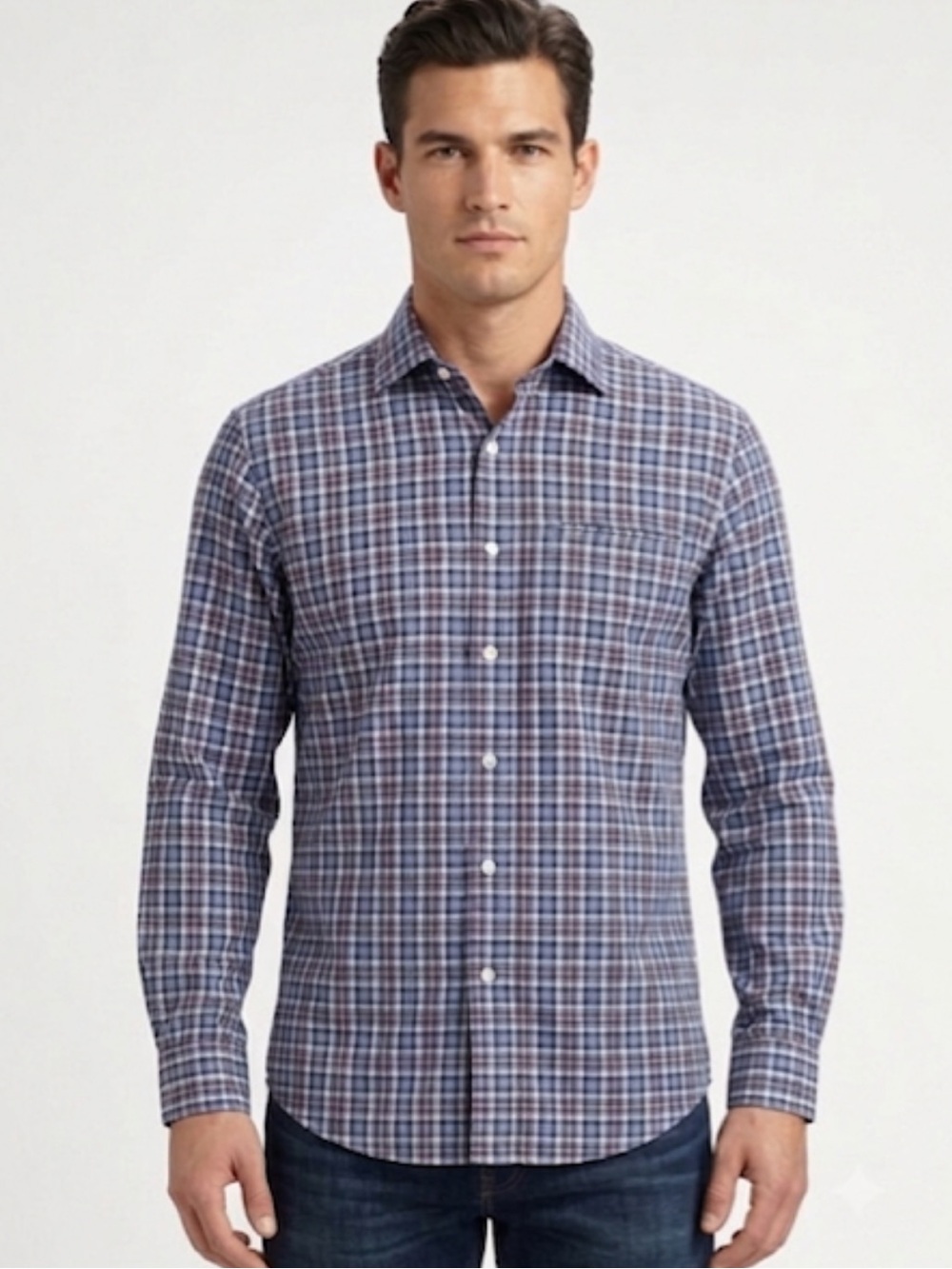 Lauren Ralph Lauren Blue Plaid Cotton Stretch Button-Down Shirt